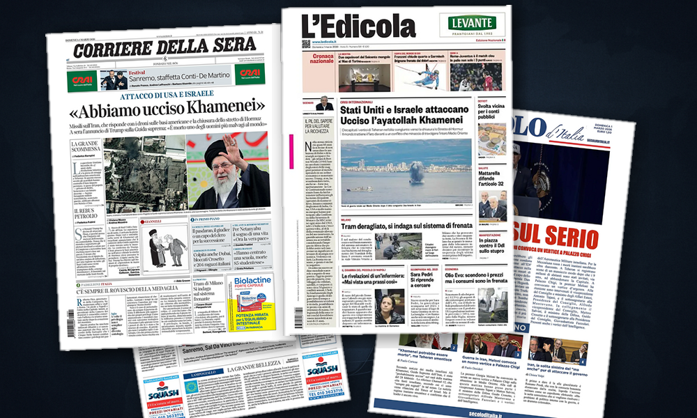 Collage delle prime pagine analizzate: Iran in fiamme e Europa ai margini