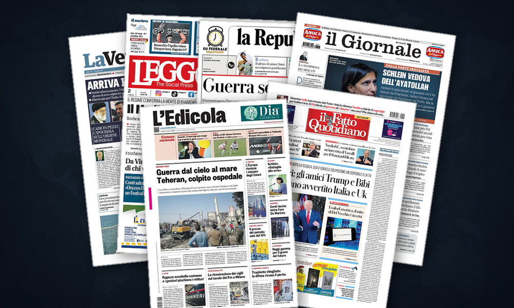 Collage delle prime pagine analizzate: Iran in fiamme, Europa in bilico