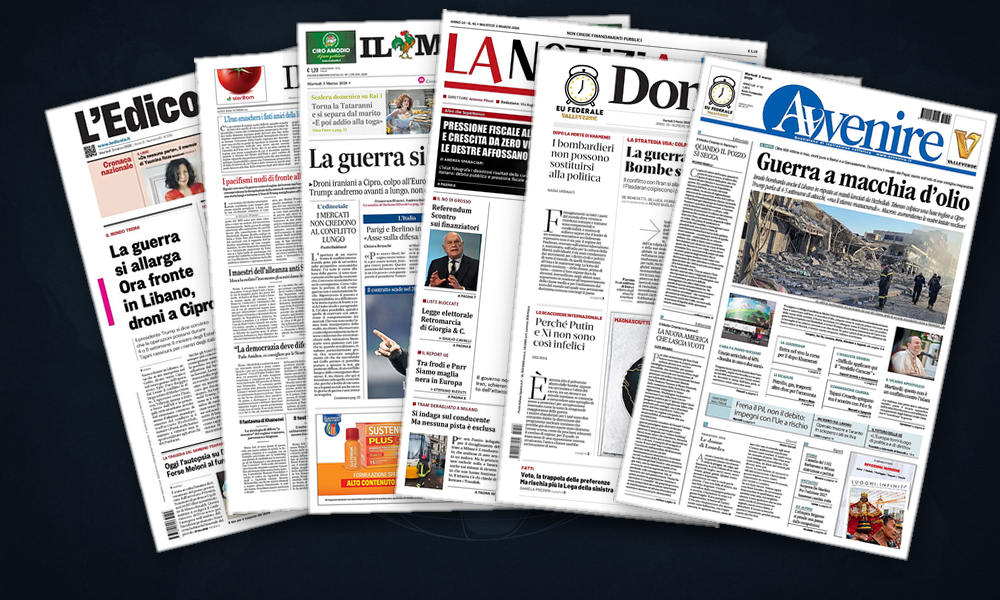 Collage delle prime pagine analizzate: Iran, Europa e costi della guerra