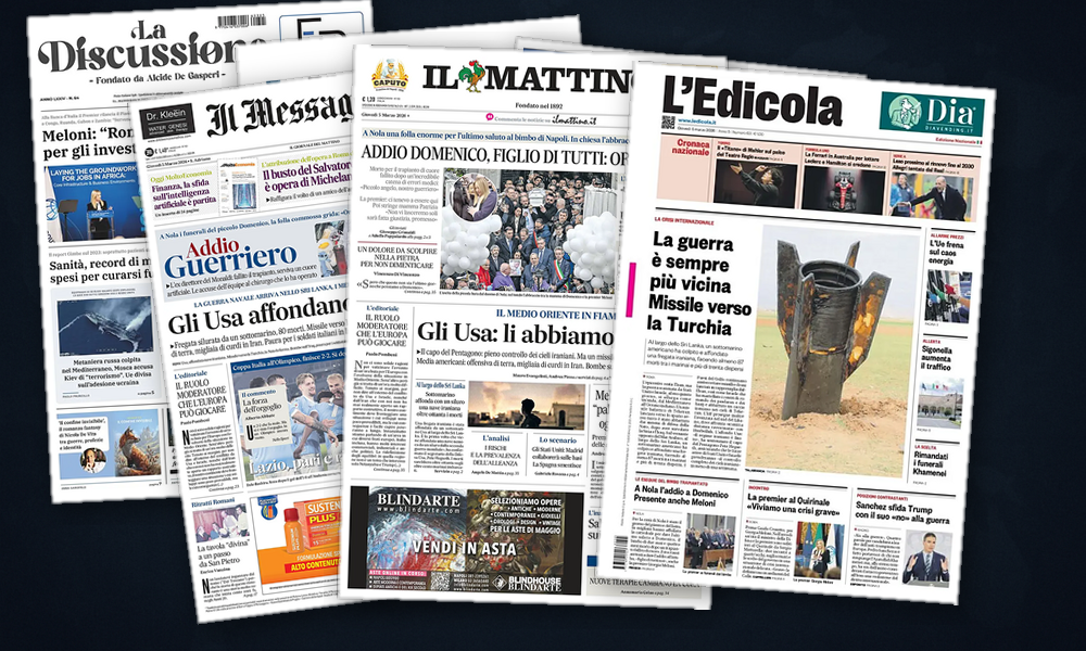 Collage delle prime pagine analizzate: Guerra in Iran, Europa divisa