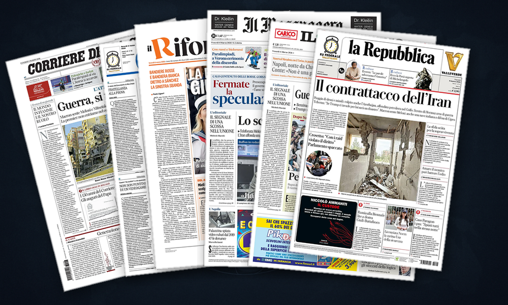 Collage delle prime pagine analizzate: Iran, Europa e lo spettro del regime change