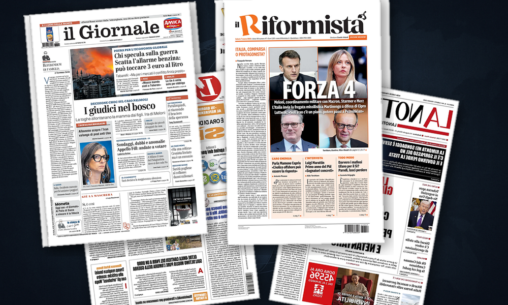 Collage delle prime pagine analizzate: Medio Oriente in fiamme, Europa tra energia e alleanze