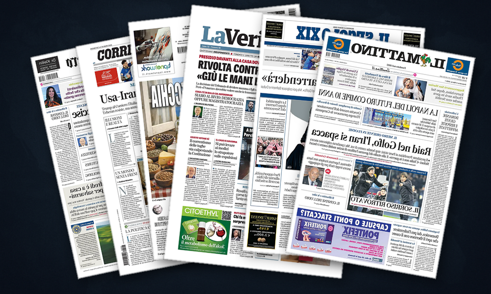 Collage delle prime pagine analizzate: Medio Oriente in primo piano