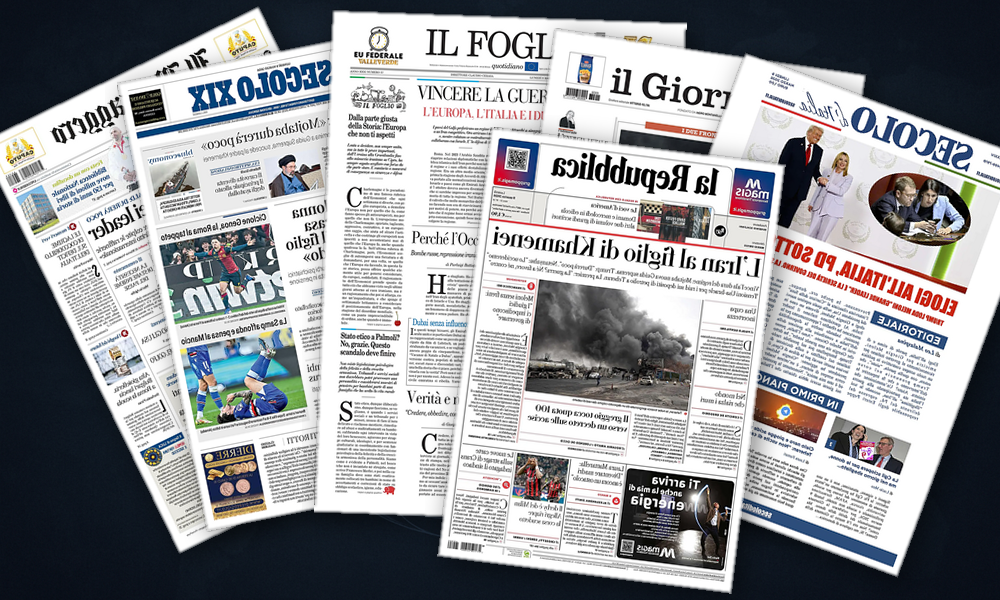 Collage delle prime pagine analizzate: Iran, energia e l’Europa sotto pressione