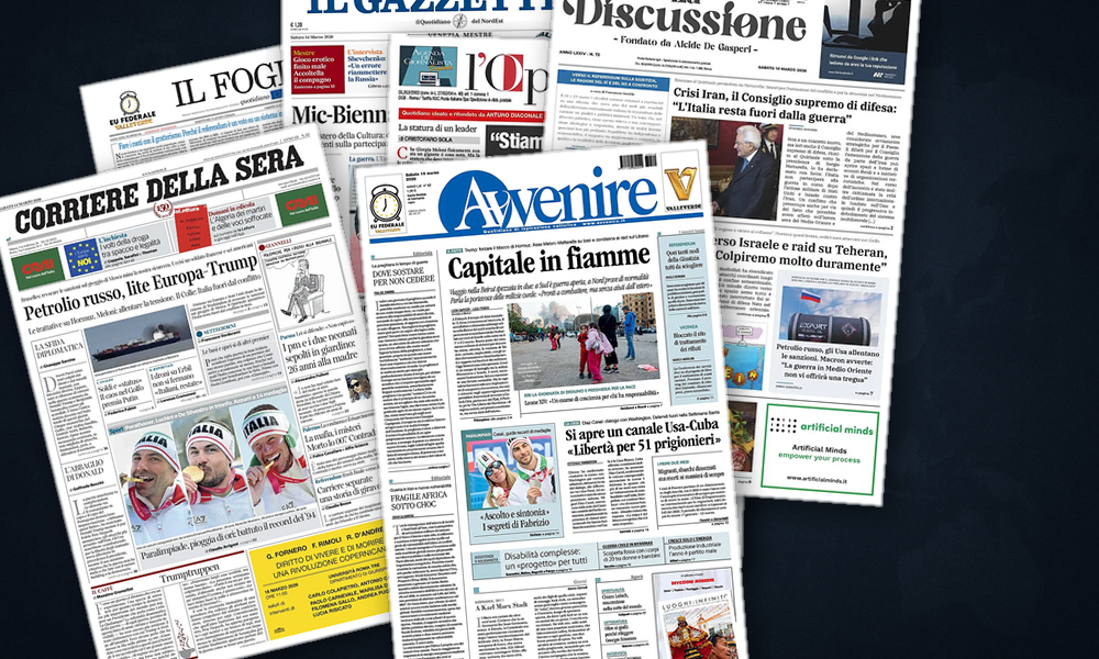 Collage delle prime pagine analizzate: Hormuz, petrolio russo e linea italiana