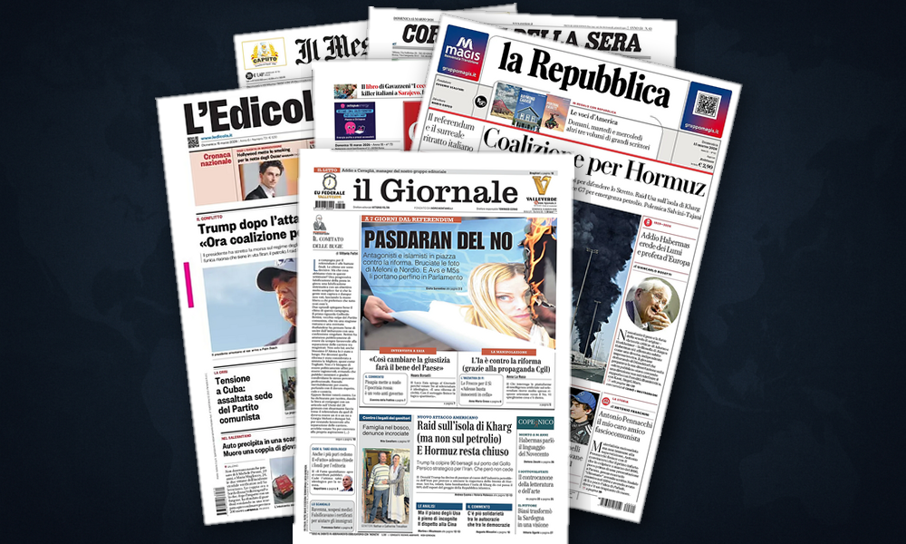 Collage delle prime pagine analizzate: Hormuz e Libano, l'Italia osserva