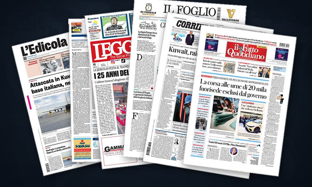 Collage delle prime pagine analizzate: Droni, Hormuz e Ue divisa