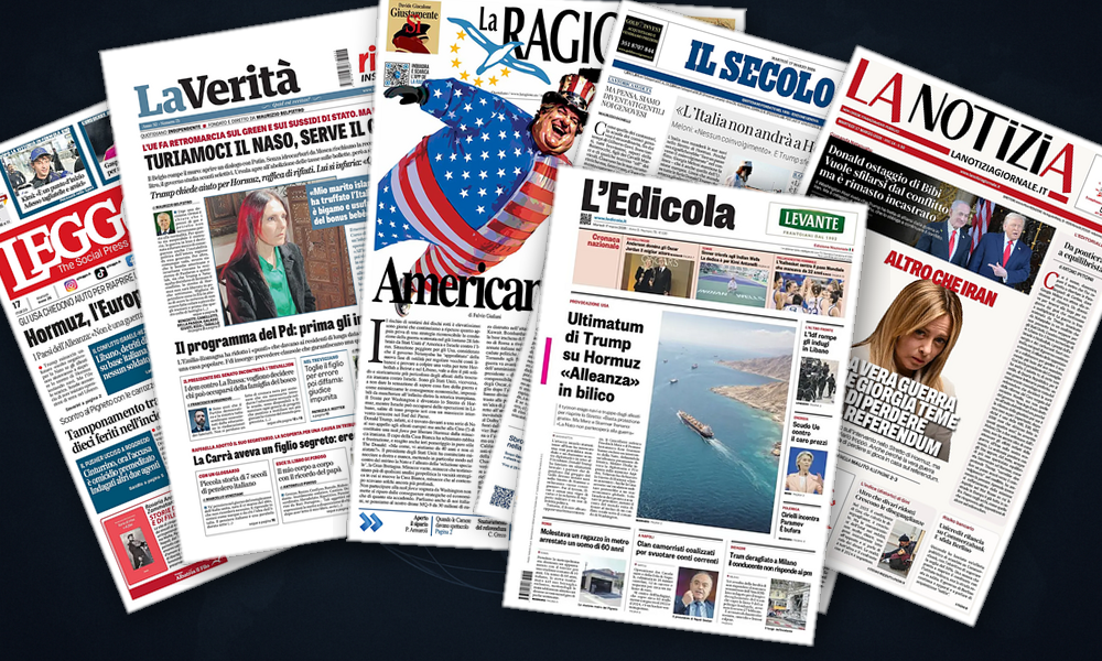 Collage delle prime pagine analizzate: Hormuz spacca l’Occidente, Libano in bilico