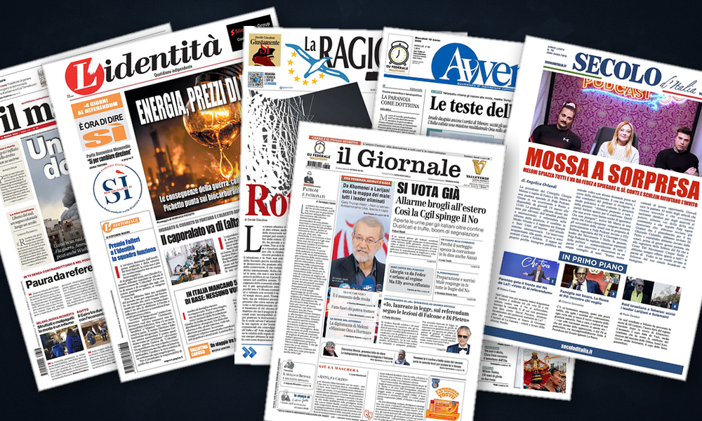 Collage delle prime pagine analizzate: Iran, Hormuz e rottura atlantica