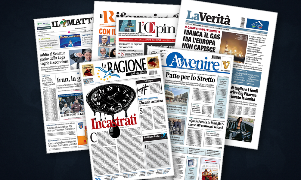 Collage delle prime pagine analizzate: Hormuz e la guerra dellenergia ridisegnano le prime pagine