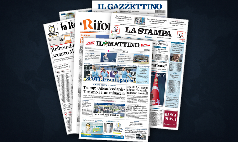 Collage delle prime pagine analizzate: Golfo in fiamme e Nato divisa