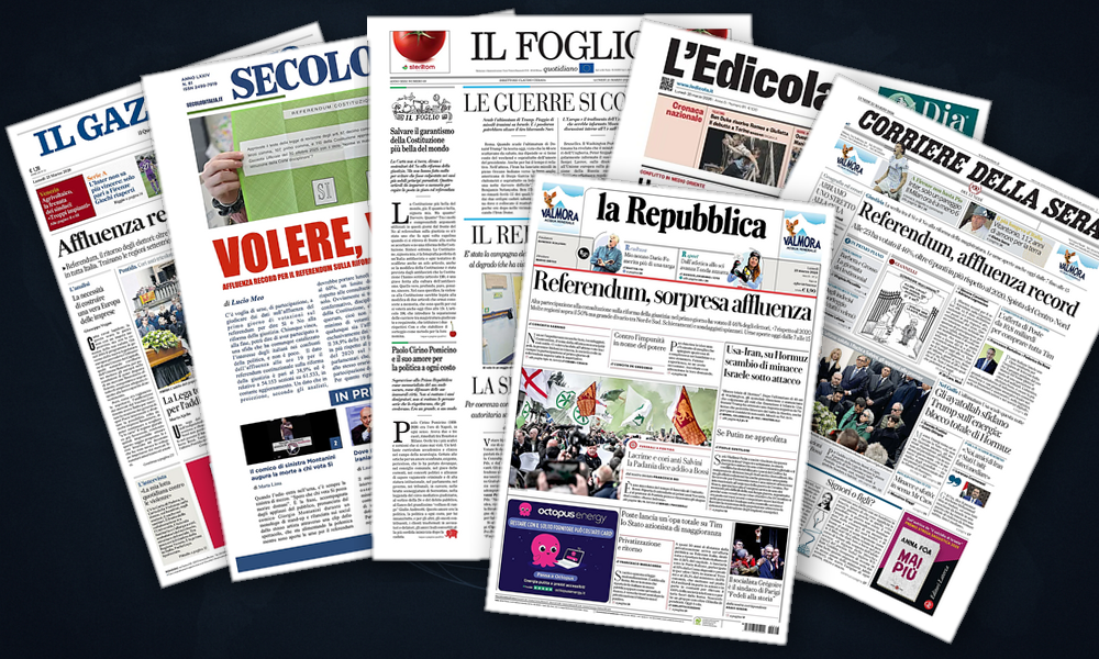 Collage delle prime pagine analizzate: Hormuz al centro del mondo