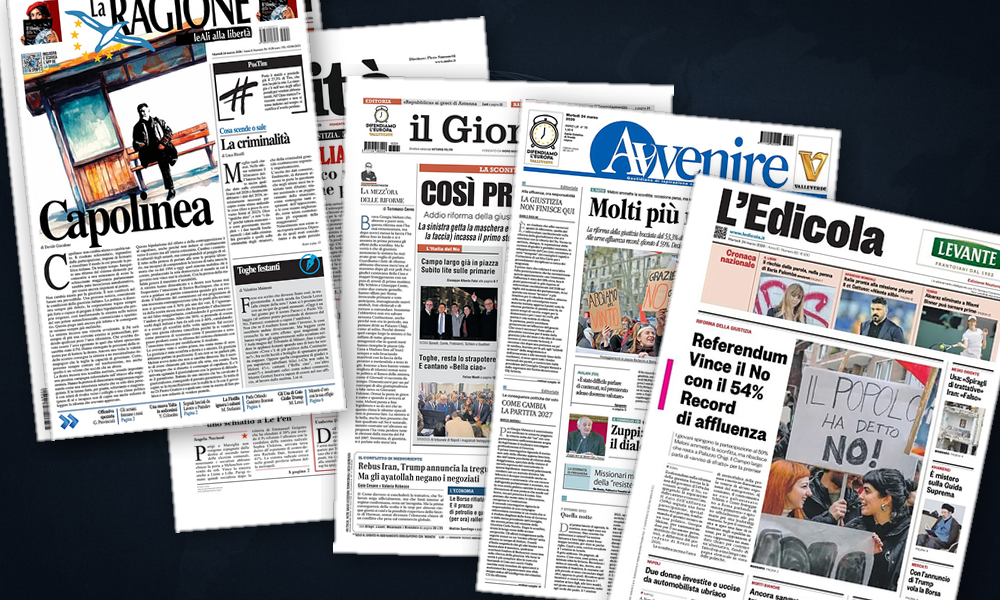 Collage delle prime pagine analizzate: Tregua USA-Iran e scosse in Europa