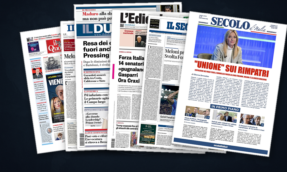 Collage delle prime pagine analizzate: Iran, migranti e scosse europee