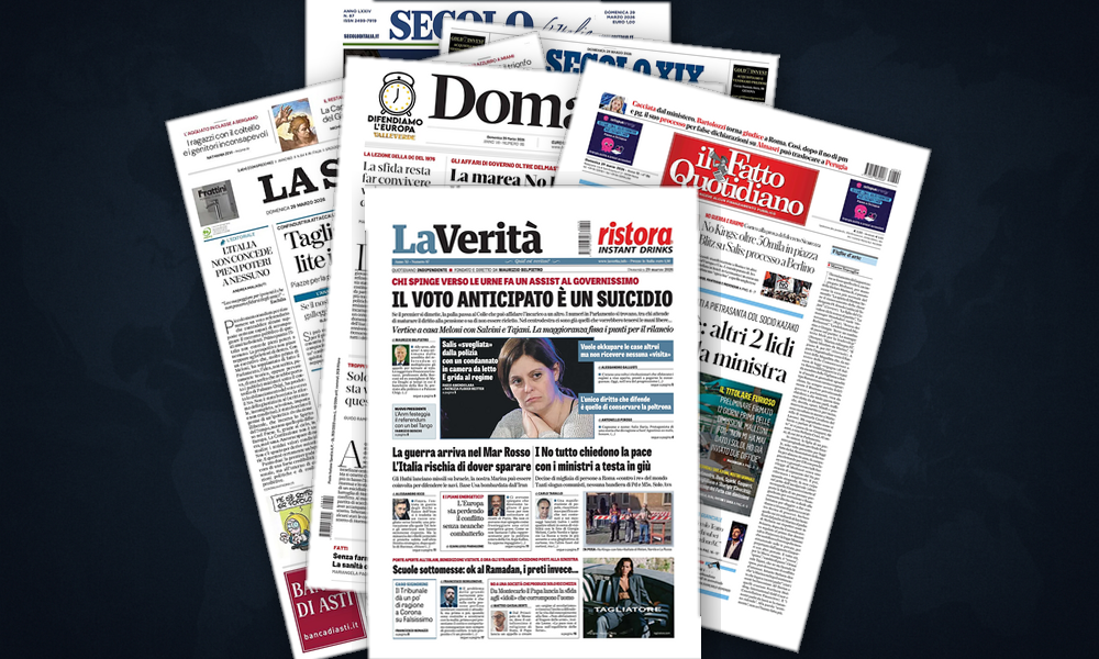 Collage delle prime pagine analizzate: Iran, mari e alleanze in fiamme