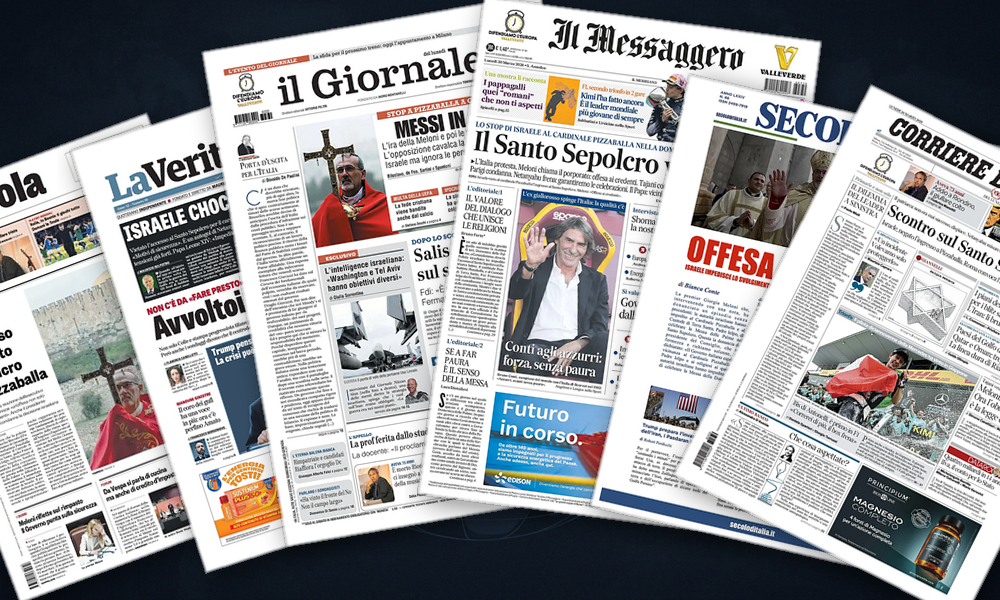 Collage delle prime pagine analizzate: Santo Sepolcro e Hormuz dominano le prime pagine