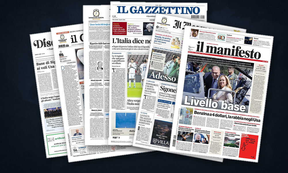 Collage delle prime pagine analizzate: Sigonella e Medio Oriente dominano le prime pagine