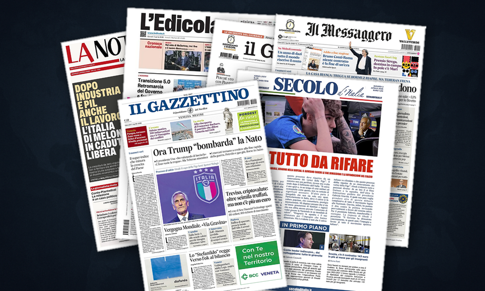 Collage delle prime pagine analizzate: Nato in bilico e Hormuz al centro