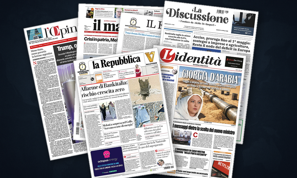 Collage delle prime pagine analizzate: Iran in fiamme, Meloni nel Golfo