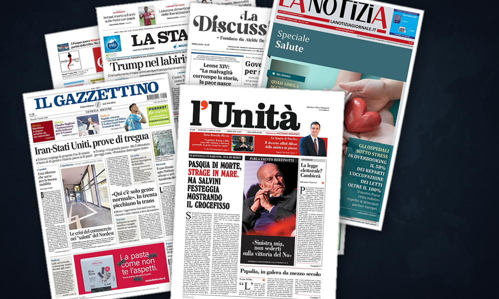 Collage delle prime pagine analizzate: Ultimatum su Hormuz, Europa in allarme