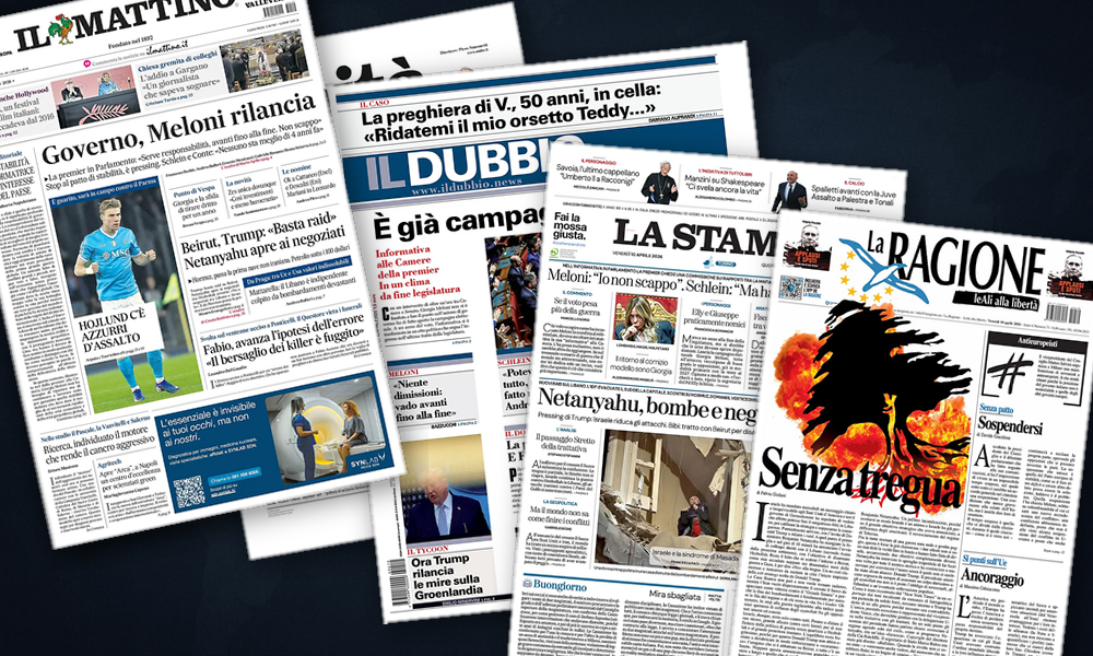 Collage delle prime pagine analizzate: Tregua fragile, Libano in bilico