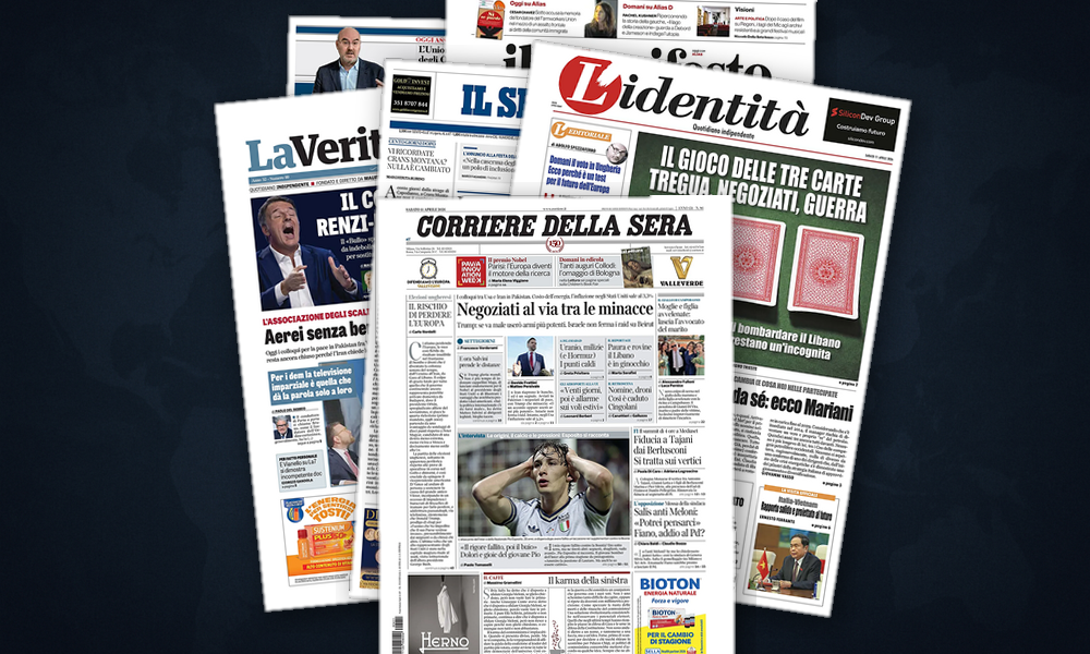 Collage delle prime pagine analizzate: Hormuz e negoziati USA‑Iran dominano le prime pagine