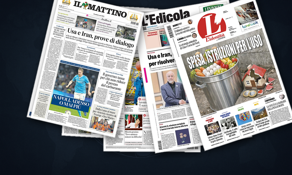 Collage delle prime pagine analizzate: Hormuz, Budapest e il grido del Papa