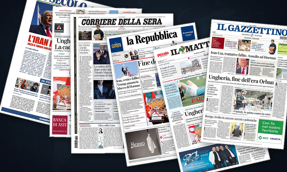 Collage delle prime pagine analizzate: Orbán cade, Hormuz si chiude