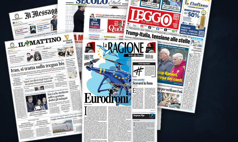 Collage delle prime pagine analizzate: Trump-Meloni, droni con Kyiv e tregua nel Golfo