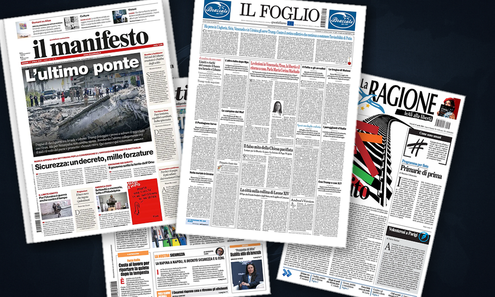 Collage delle prime pagine analizzate: Tregua fragile, Hormuz in bilico