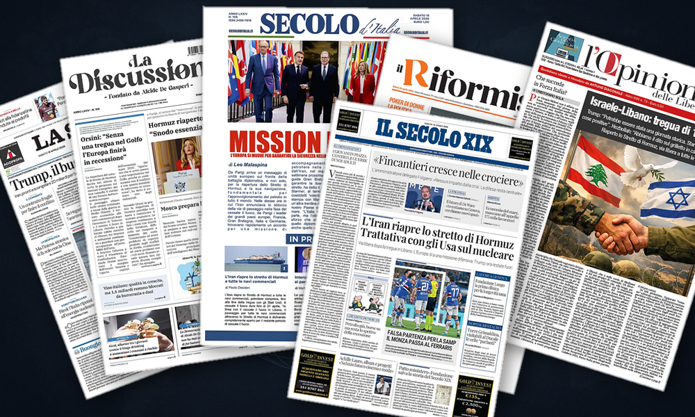 Collage delle prime pagine analizzate: Hormuz riapre, Europa si divide