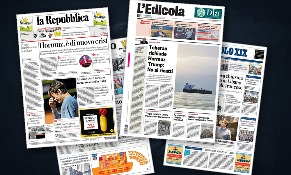 Collage delle prime pagine analizzate: Hormuz e Libano dominano le prime pagine