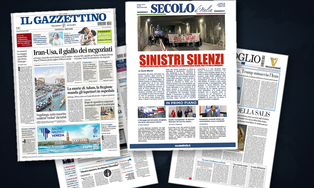 Collage delle prime pagine analizzate: Hormuz in fiamme, Europa in bilico