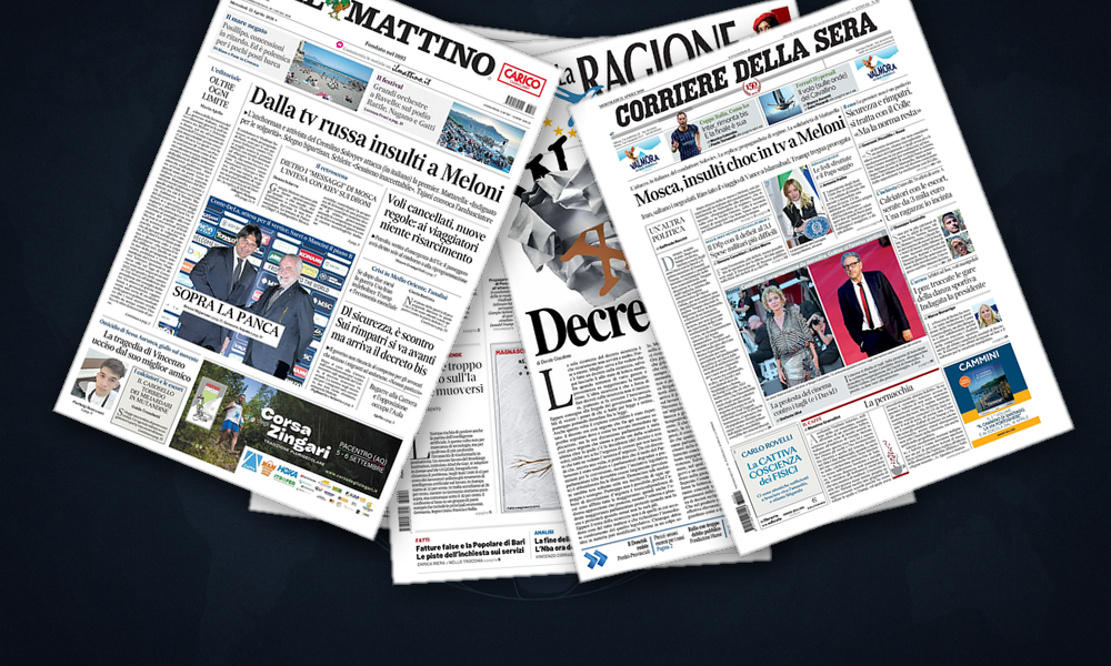 Collage delle prime pagine analizzate: Tregua fragile e diplomazie nervose