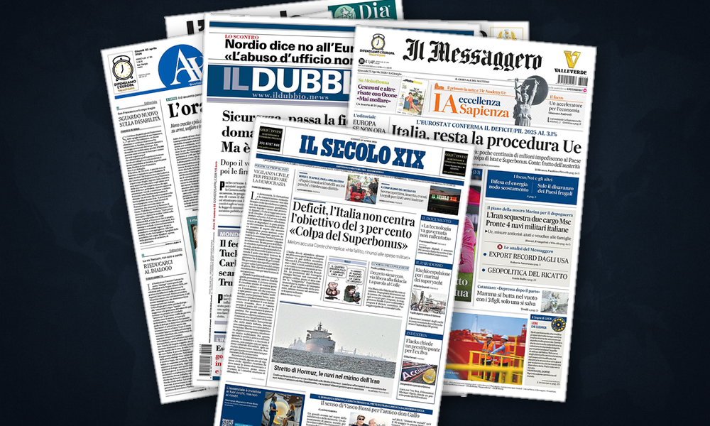 Collage delle prime pagine analizzate: Hormuz al centro, Europa tra energia e Kiev