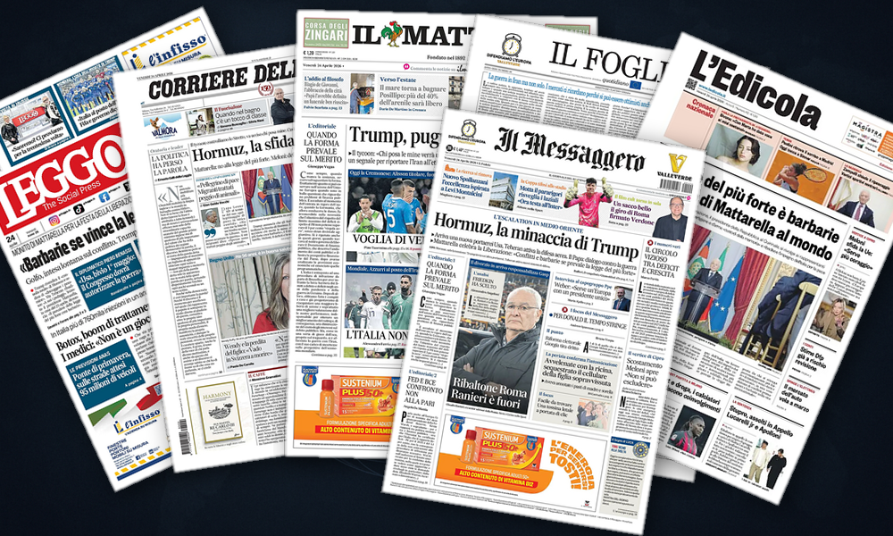 Collage delle prime pagine analizzate: Hormuz, Europa e frontiere: priorit e0 italiane