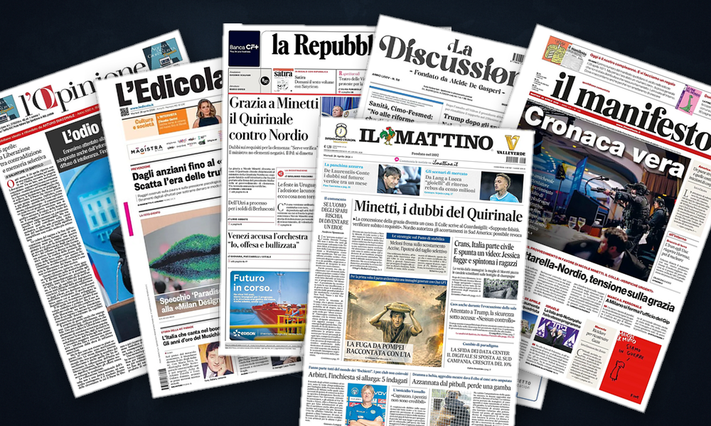 Collage delle prime pagine analizzate: Hormuz, Washington e Kyiv: l’orizzonte estero