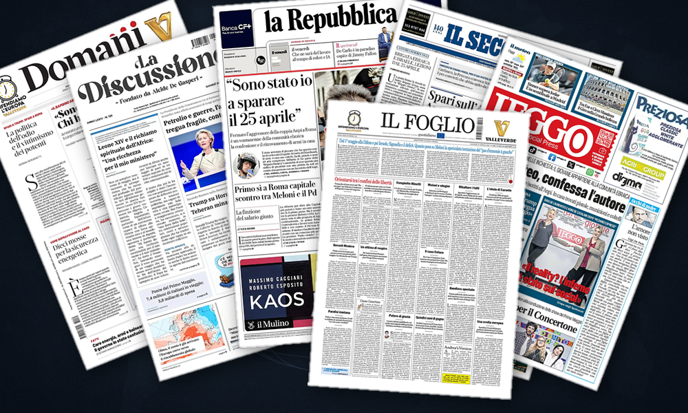 Collage delle prime pagine analizzate: Trump-Putin, Hormuz ed energia: il prisma italiano