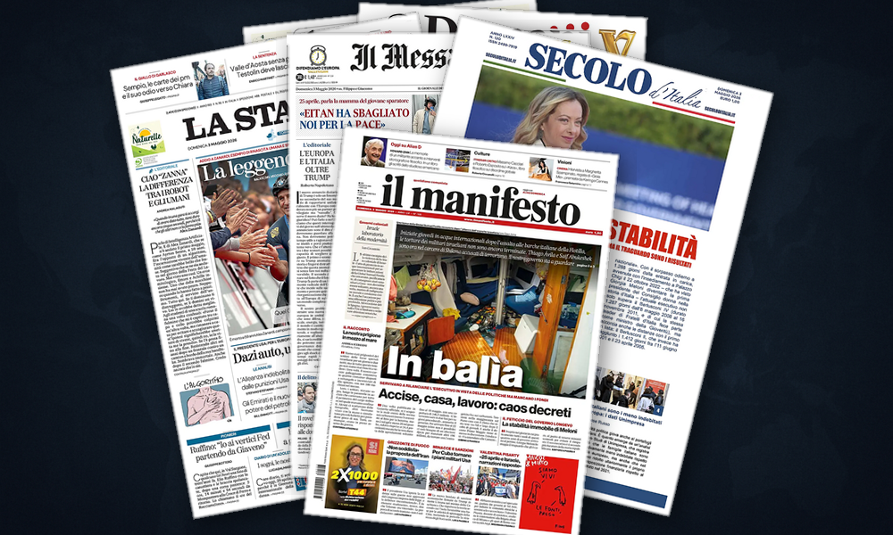 Collage delle prime pagine analizzate: Trump contro l’Europa, Medio Oriente in fiamme