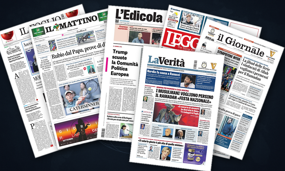 Collage delle prime pagine analizzate: Hormuz, Rubio e l’Europa sotto tiro