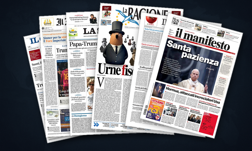 Collage delle prime pagine analizzate: Trump-Papa e Hormuz dominano le prime pagine
