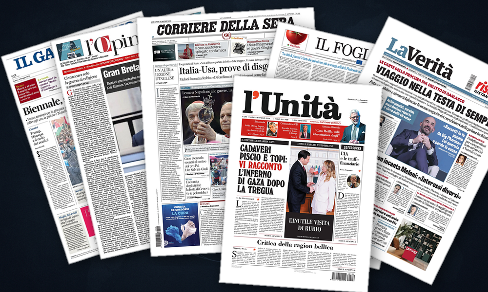 Collage delle prime pagine analizzate: Gelo transatlantico e venti di Hormuz