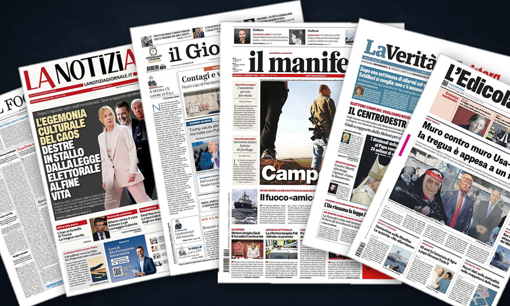 Collage delle prime pagine analizzate: Iran in stallo, UE divisa, Trump vola da Xi