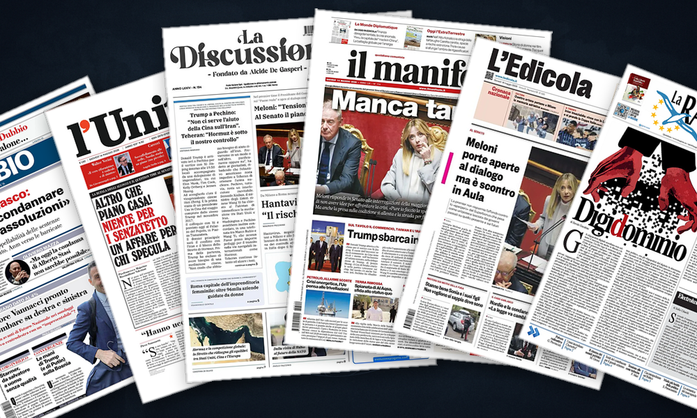 Collage delle prime pagine analizzate: Trump-Xi e l’ombra di Hormuz