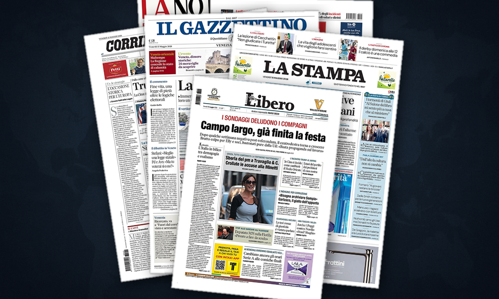 Collage delle prime pagine analizzate: Trump-Xi e l’Europa sola di Draghi