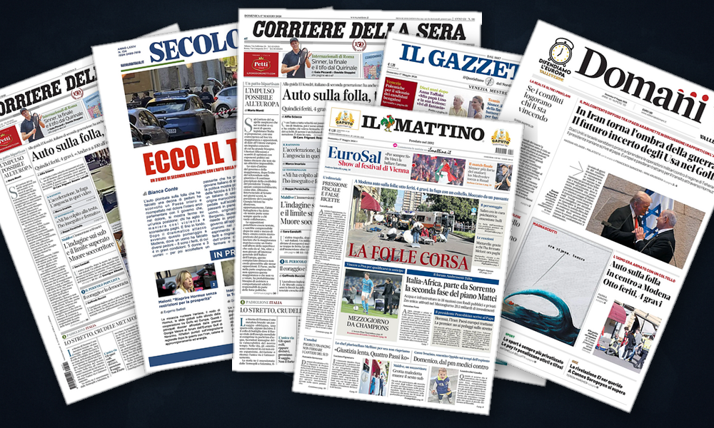 Collage delle prime pagine analizzate: Iran, Hormuz e lasse euro-golfo