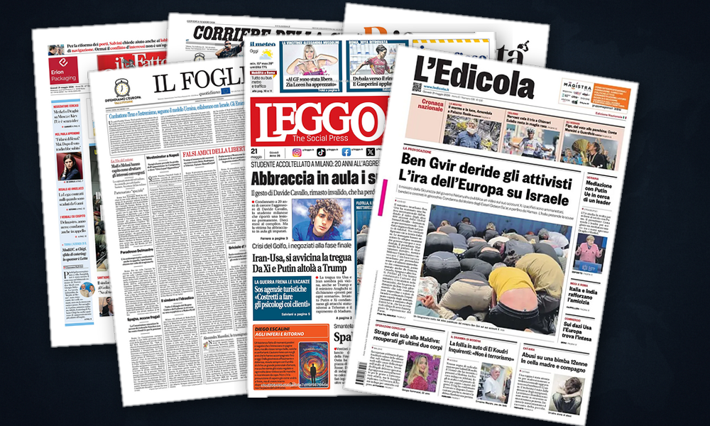 Collage delle prime pagine analizzate: Flotilla, India e lasse Pechino-Mosca