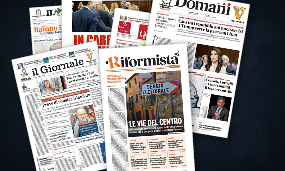 Collage delle prime pagine analizzate: Iran-USA, Europa-Israele, Nato in bilico