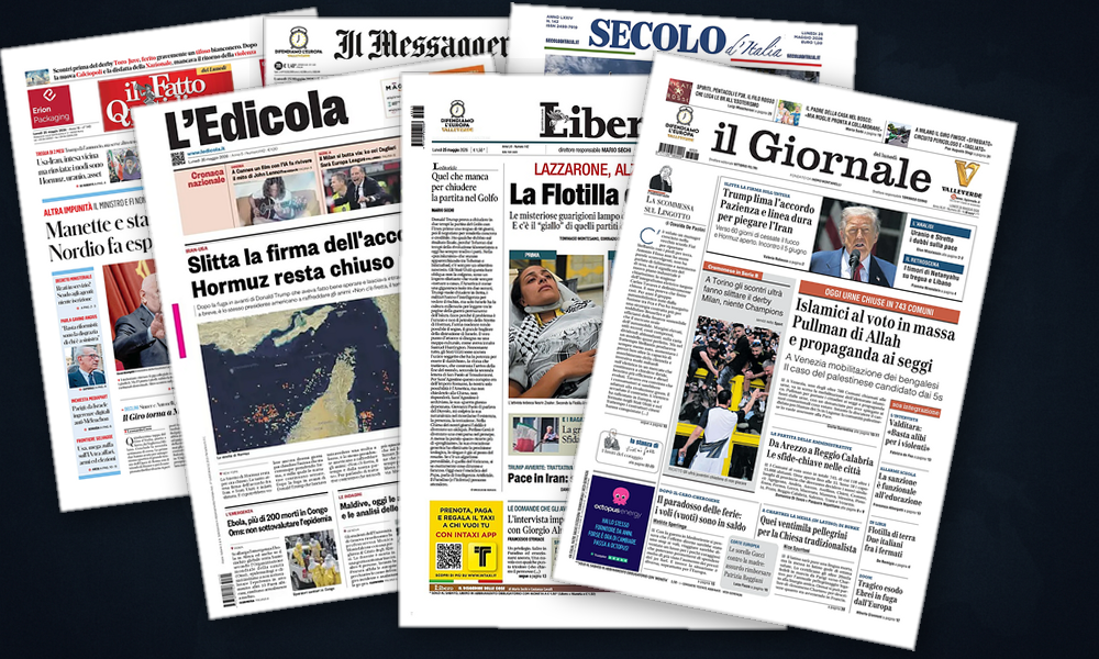 Collage delle prime pagine analizzate: Hormuz chiuso, Kiev colpita