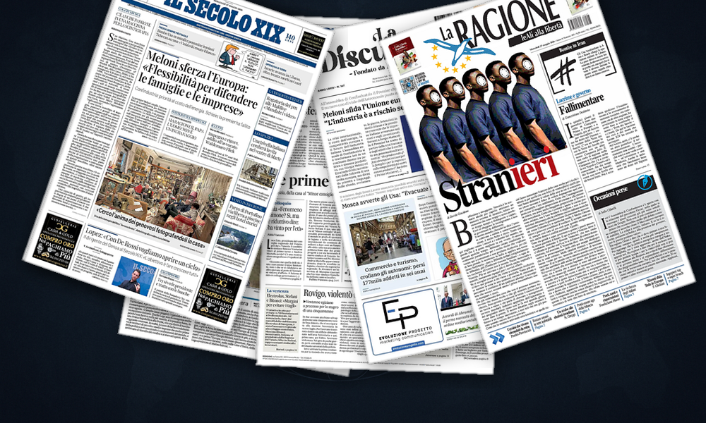 Collage delle prime pagine analizzate: Medio Oriente in fiamme, Kiev sfida Mosca